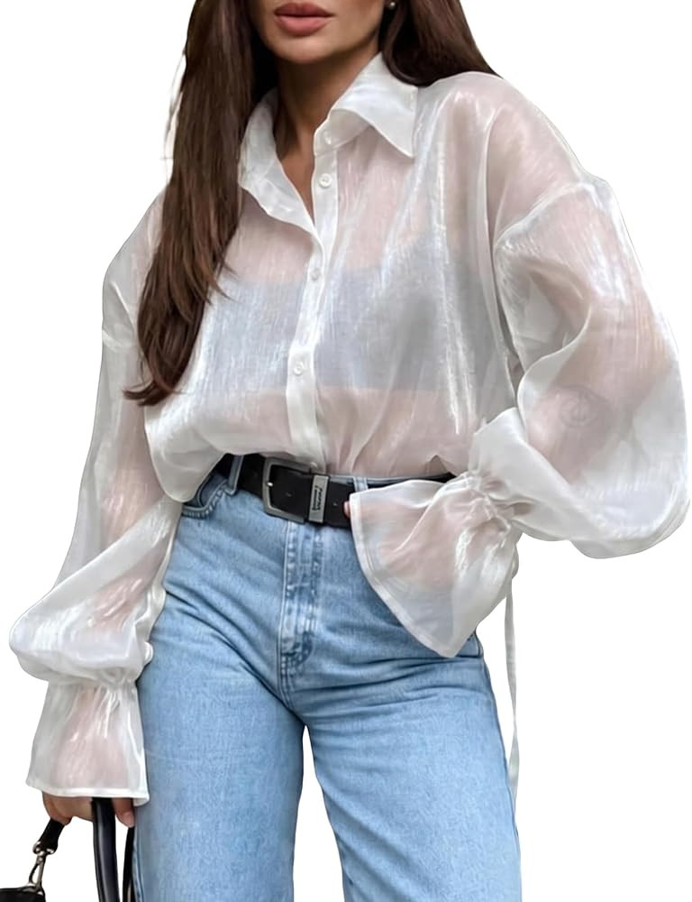 Yimoon Sheer Tops Women Sexy See Through Button Up Blouse Shiny Mesh Shirts | Amazon (US)