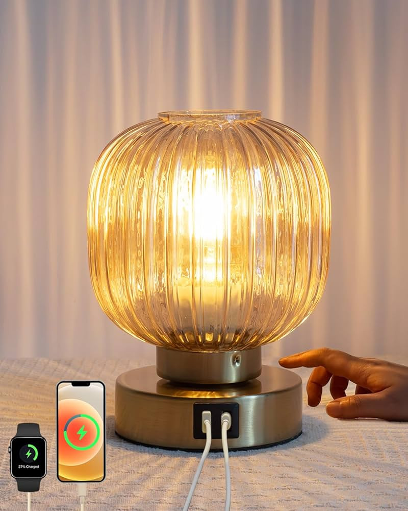 Touch Small Table Lamp,Elegant Gold Glass Bedside Lamp 3 Way Dimmable with USB C+A Charging Ports... | Amazon (US)