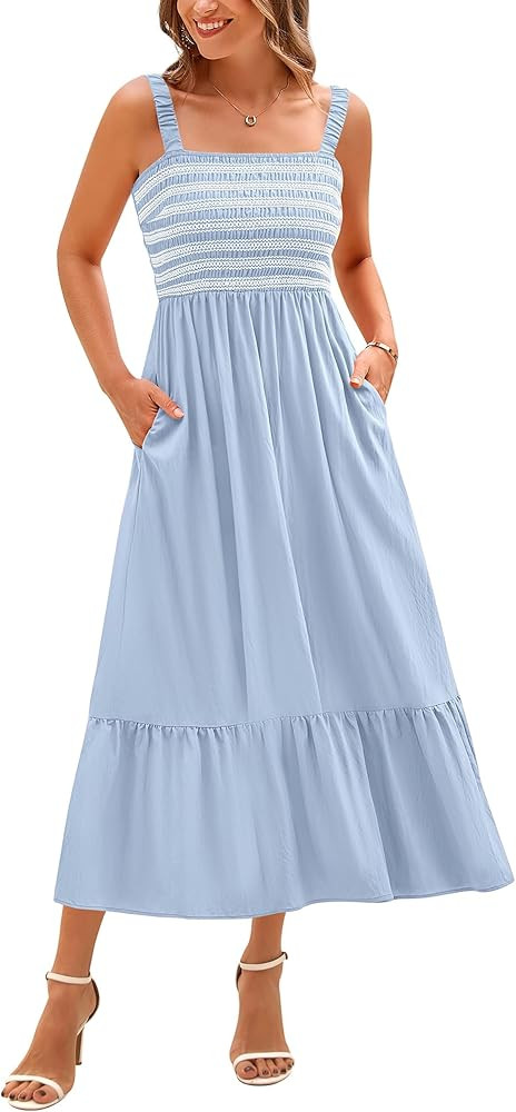 BTFBM Summer Midi Dresses for Women 2025 Sleeveless Square Neck Smocked Flowy Long Beach Vacation... | Amazon (US)