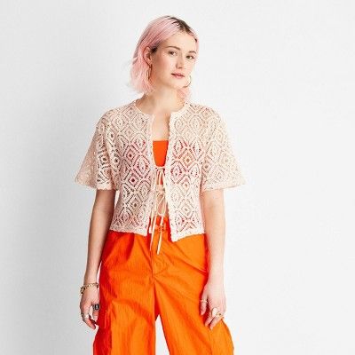 Women's Short Sleeve Tie-Front Crochet Shirt - Future Collective™ with Alani Noelle Tan | Target