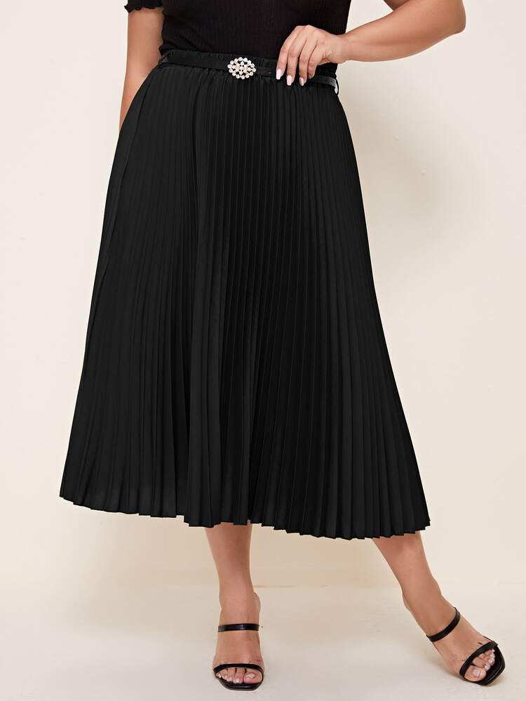 Plus Pleated Midi Belted Skirt | SHEIN