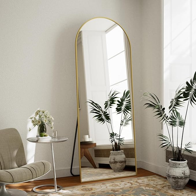 65"L x 24"W Modern Gold Arched Floor Mirror, Shatterproof, Wall Mount & Freestanding | Amazon (US)