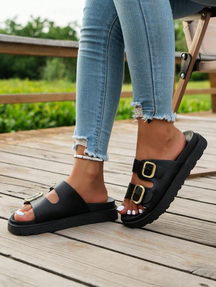 Women's Buckle Decorated Platform Sandals, Comfortable And Versatile For Summer | SHEIN
