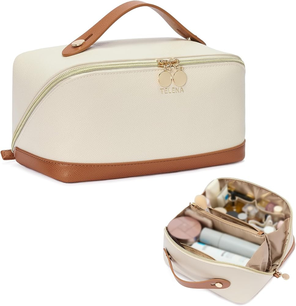 Telena Leather Make Up Bag Portable Travel Makeup Bag Waterproof Cosmetic Bags for Women Large Ca... | Amazon (US)