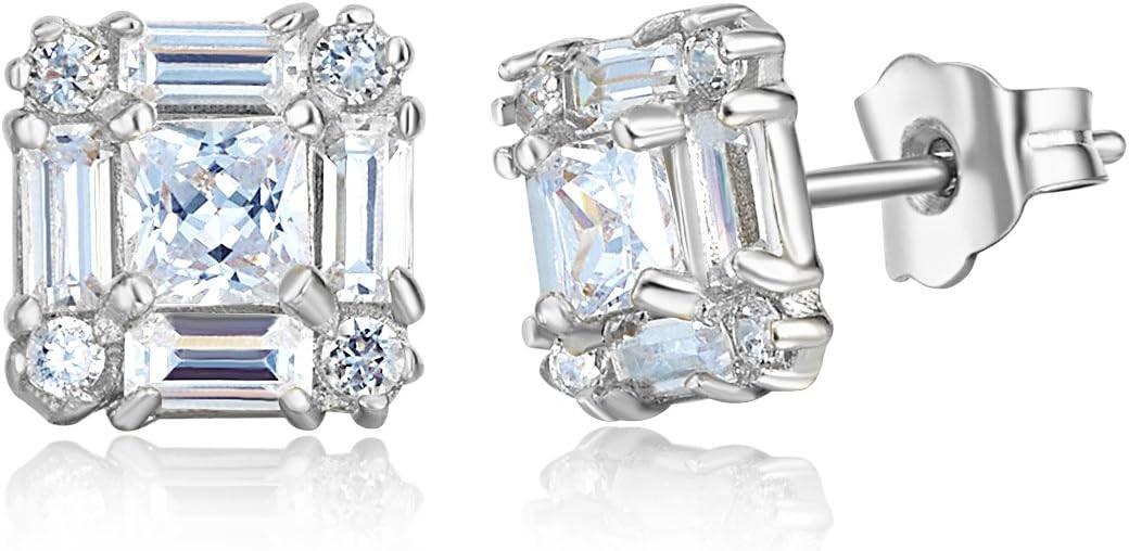 Wellingsale Ladies 14k White Gold Polished Rhombus Princess & Baguette Shape CZ Earrings with Pus... | Amazon (US)