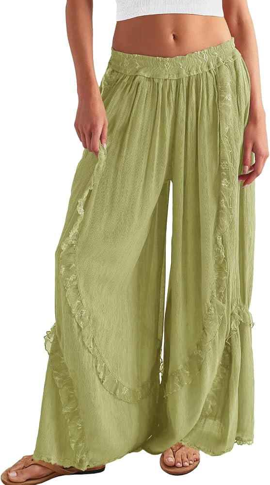 Yanekop Womens Flowy Lace Pants Wide Leg Palazzo Pants | Amazon (US)