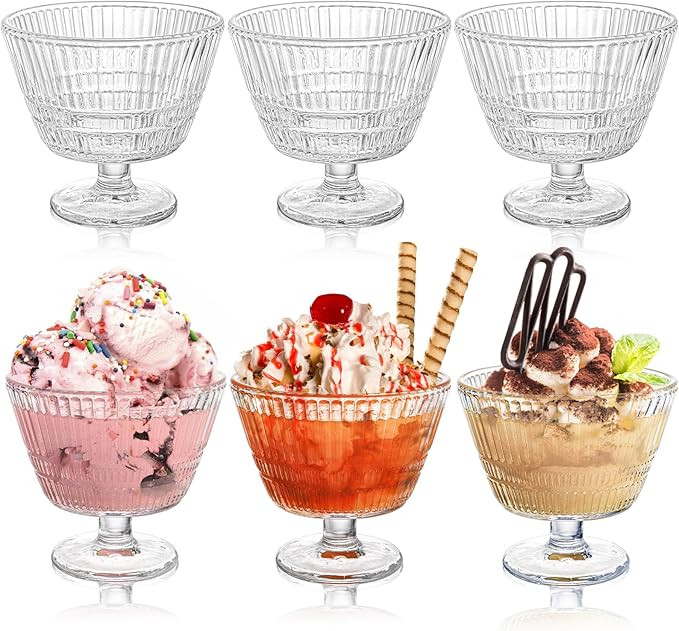 6 Pack Glass Dessert Bowls Set, 10 Oz Vintage Ice Cream Cups with Pedestal, Fluted Sundae Dishes ... | Amazon (US)