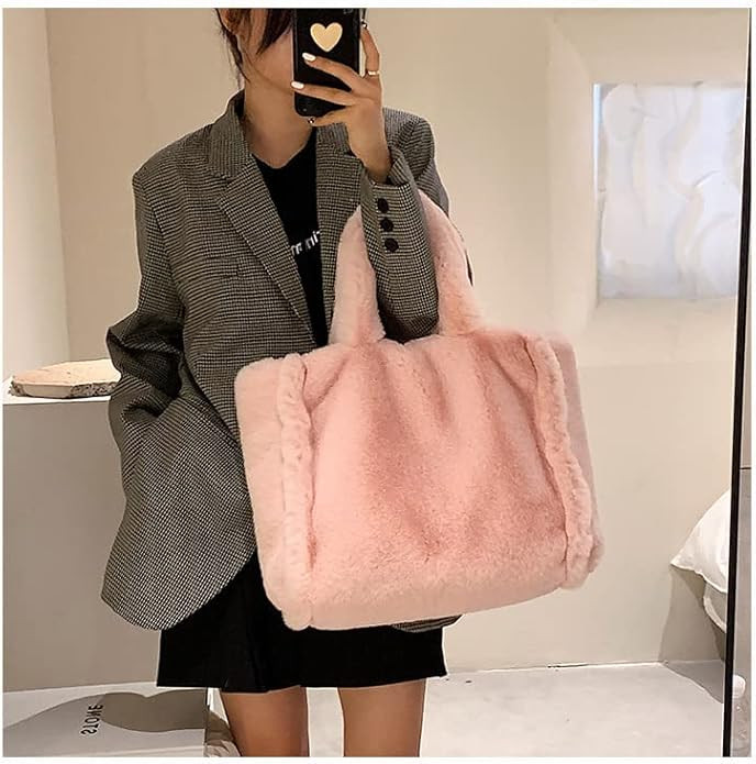 Tote Bag large Shoulder Bag Fleece Faux Fur Hobo Tote Bag Handbag Retro Bag Solid Color Big Purse | Amazon (US)