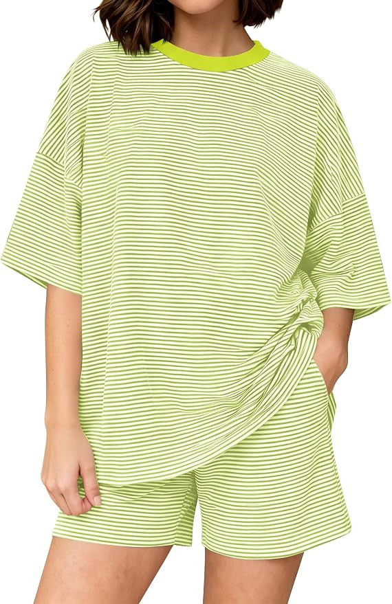 Women Striped Lounge Set Short Sleeve Pajama Sets Oversized T Shirts High Waist Shorts 2 Piece Ma... | Amazon (US)