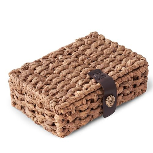 LOHONER Decorative Box with Lid, Wicker Storage Basket, Water Hyacinth Woven Decorative box for Shelf, Coffee Table, Console Table, Home Decor (Small) | Amazon (US)