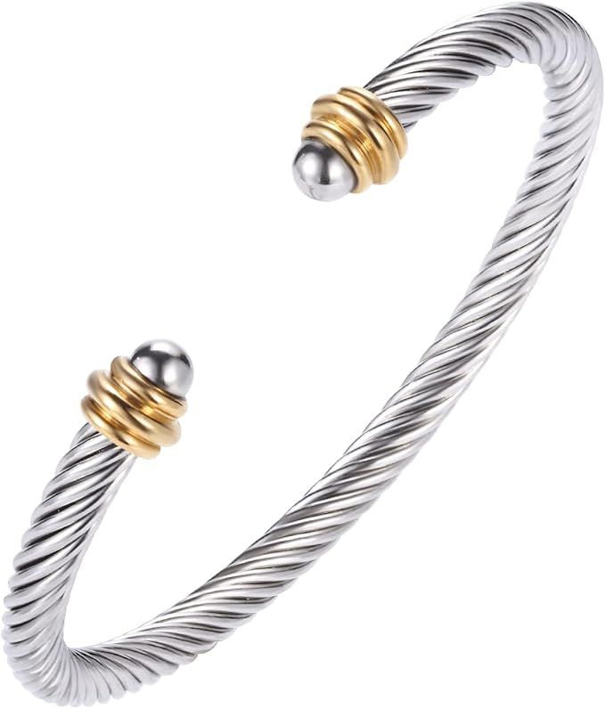 Winhime Twisted Cable Wire Bangle Bracelets for Women, Two Tone Silver Gold Cuff Bracelet for Tee... | Amazon (US)