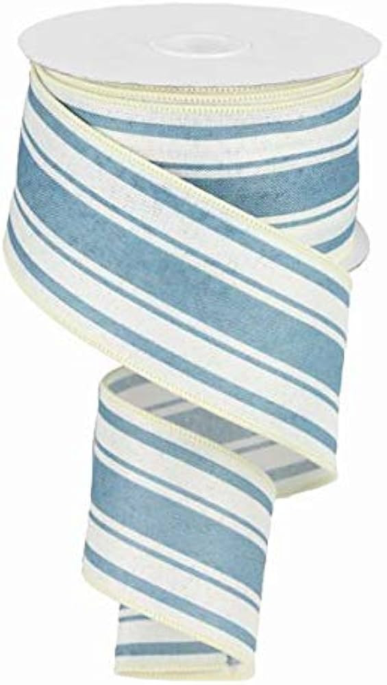 Farmhouse Stripe on Canvas Wired Edge Ribbon - 2.5" x 10 Yards (Ivory, Farmhouse Blue) | Amazon (US)