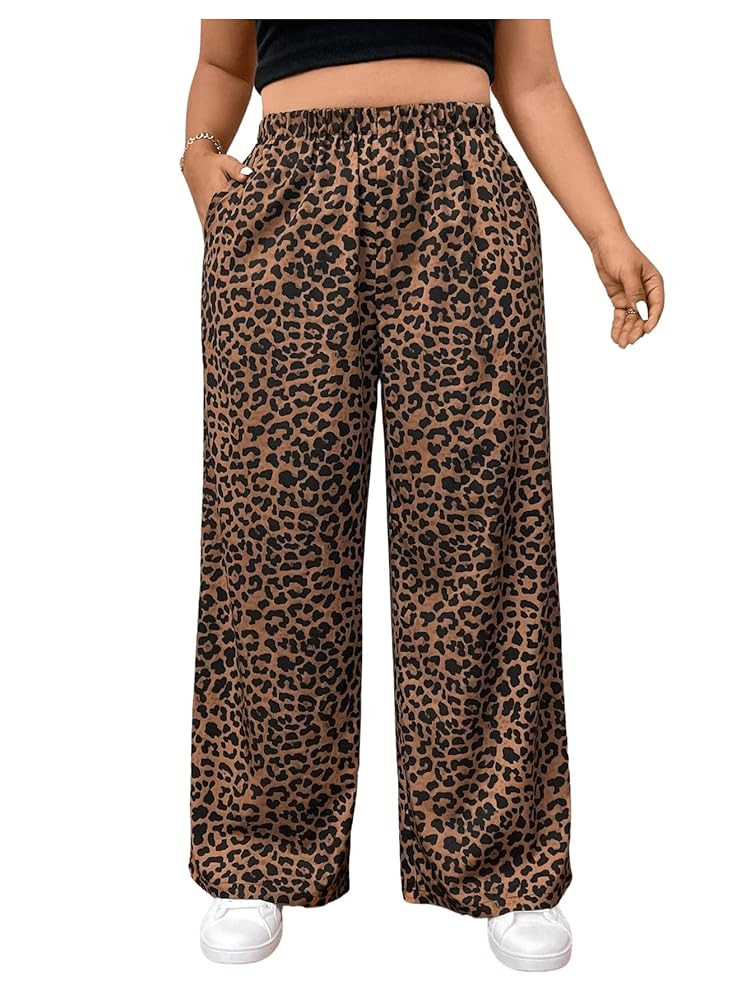 OYOANGLE Women's Plus Size Leopard Print Wide Leg Pants Elastic High Waisted Casual Trousers with... | Amazon (US)