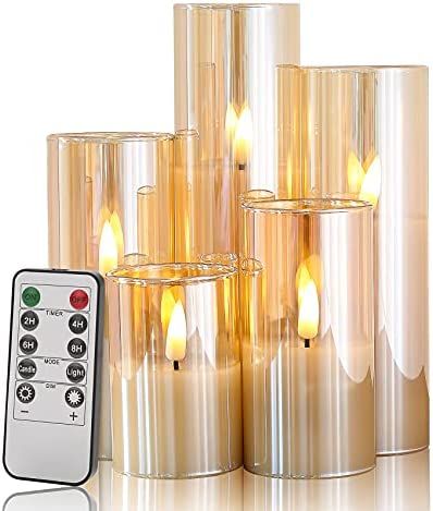 Eywamage Slim Gold Glass Flameless Candles Batteries Included, Flickering LED Pillar Candles with... | Amazon (US)
