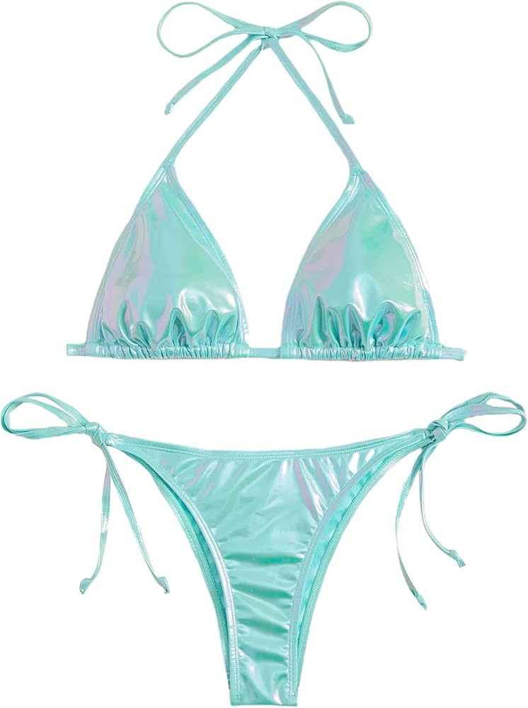SOLY HUX Women's Metallic Bikini Halter Top Two Piece Swimsuit Swim Tie Side Triangle Bikini | Amazon (US)