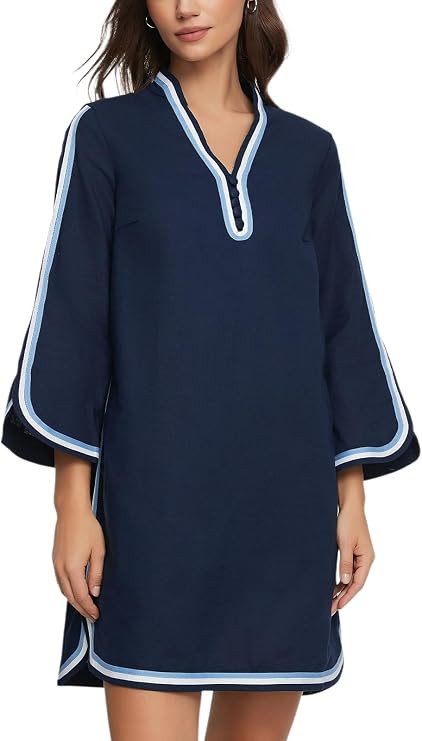 D-Sun Women Shift Mini Dress Casual 3/4 Sleeves Color Block Tunic Dress | Amazon (US)