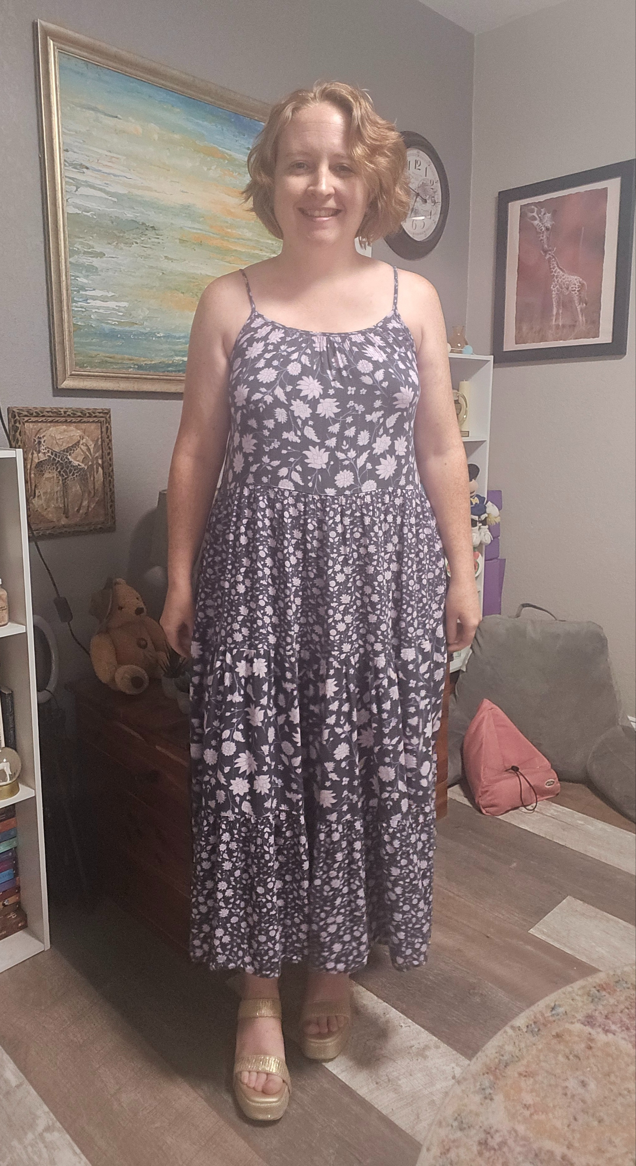 This dress has been with me for several years now. I love it because it's loose and flowy but still has shape. I linked to a similar option in a slightly different color combo that I also own and love.

I linked to the exact style of sandal I'm wearing, but the color choices are limited now to just silver. Mine are gold. 

 #LTKootd #LTKPetite