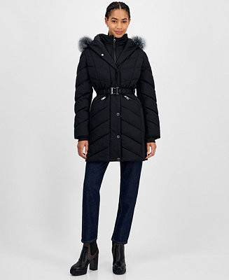 MICHAEL Michael Kors Women's Faux-Fur-Trim Hooded Belted Puffer Coat - Macy's | Macy's