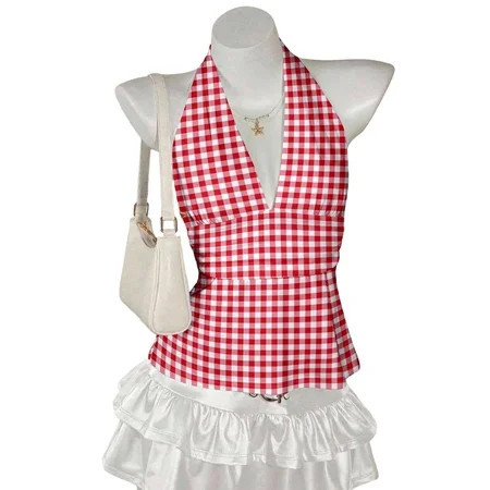 Lkhaha Women's Gingham Halter Peplum Top Summer Sleeveless Backless Deep V Camisole Shirts Red M | Walmart (US)