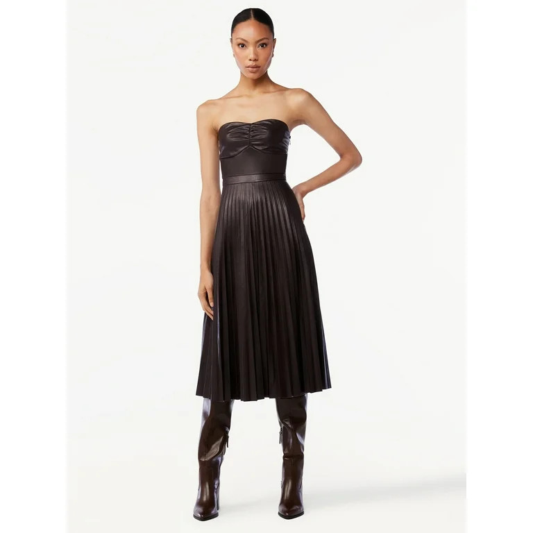 Scoop Women's Faux Leather Strapless Pleated Midi Dress | Walmart (US)
