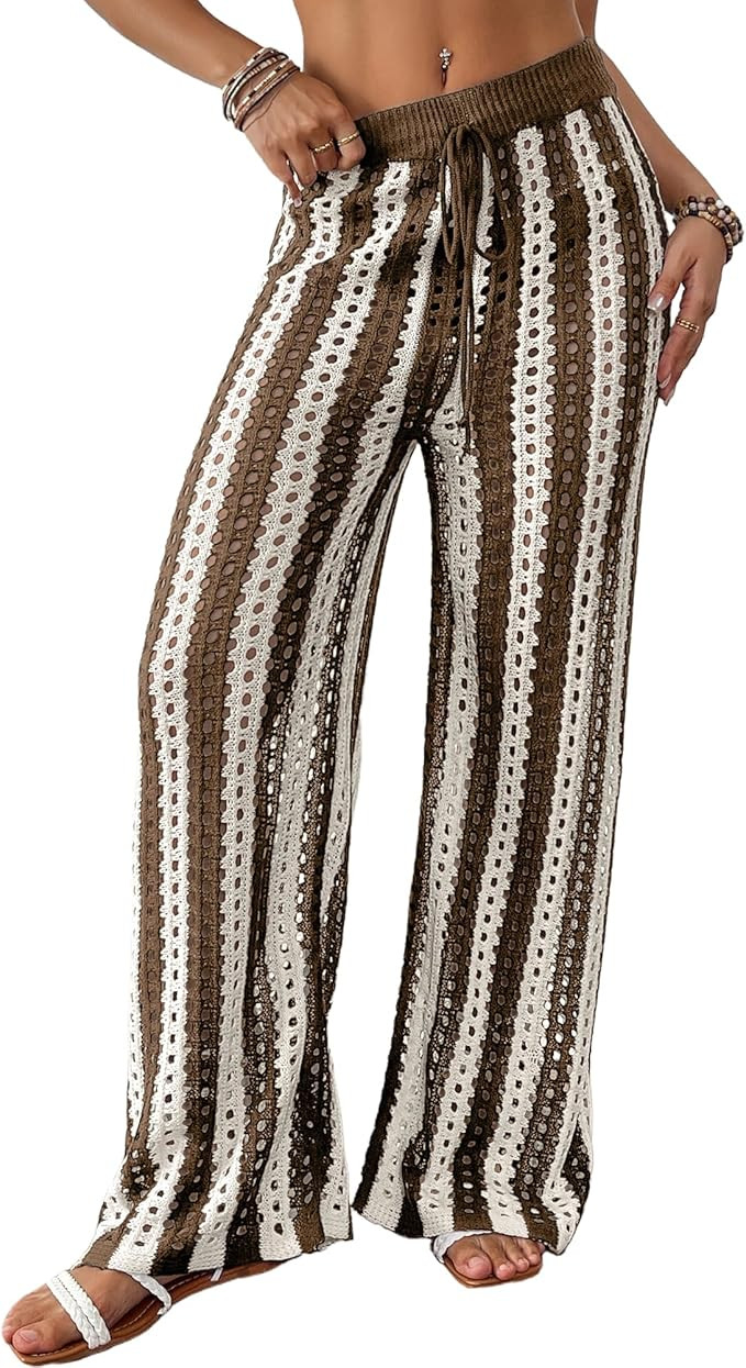 Bsubseach Womens Crochet Pants Beach Swimsuit Coverup Striped Wide Leg Pant Mesh Knit Cover up 20... | Amazon (US)