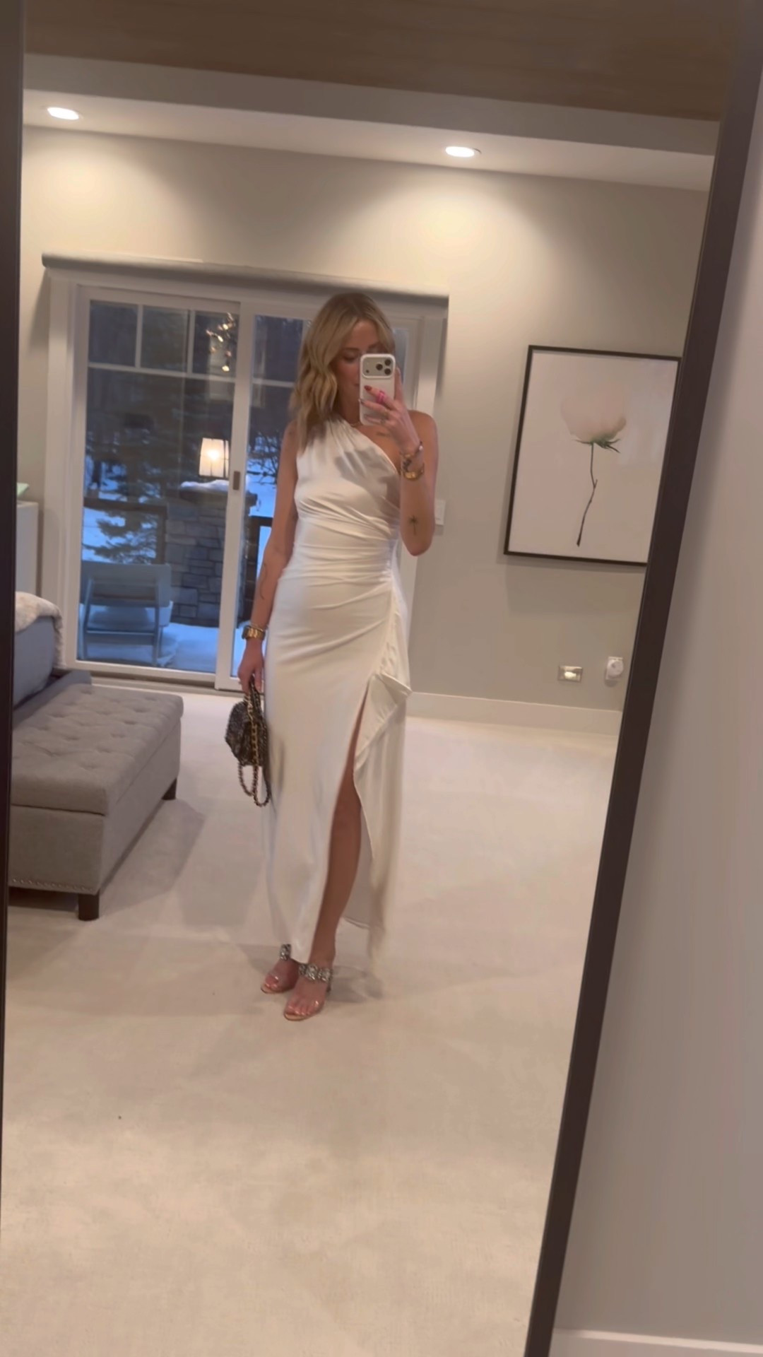 This white evening gown is the perfect dress for holiday parties and even New Year’s Eve, would you believe it’s an Amazon purchase? It looks so expensive, and fits great. It’s available in a bunch of different colors, I’m wearing a size small for reference.