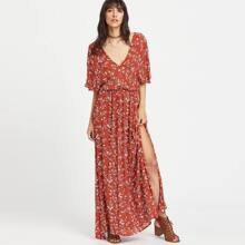 Plunging Tie Back Slit Ditsy Kimono Dress | SHEIN