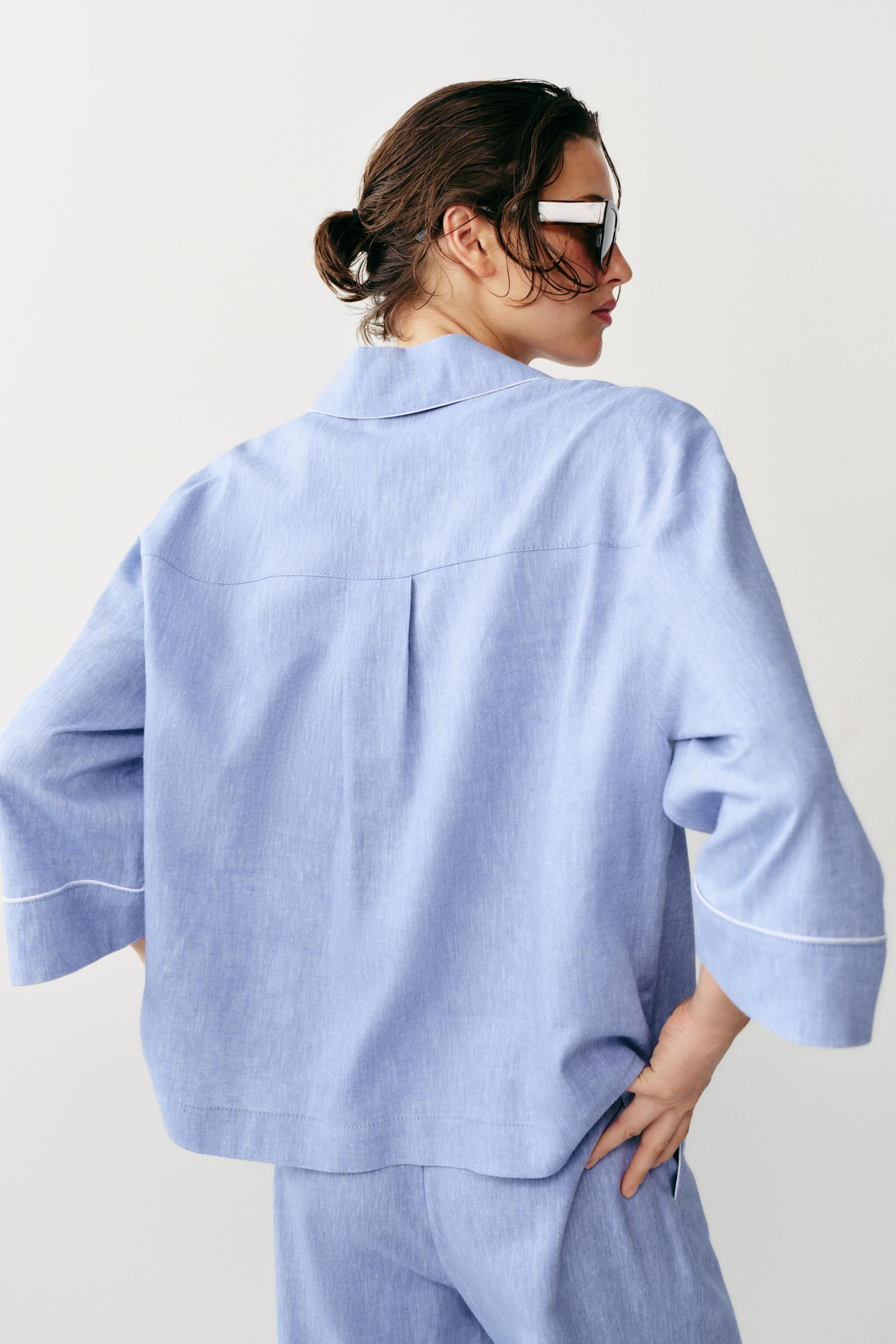 LINEN BLEND BLOUSE WITH PIPING | Zara UK