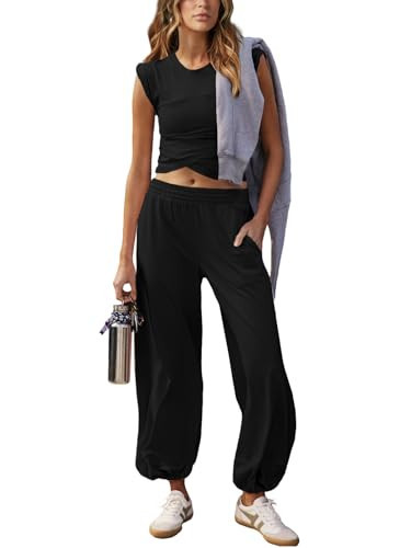Outfeel Women 2 Piece Outfit Set Loungewear Cropped Tops and Jogger Sweatpant Matching Set Coordinated Sweatsuit with Pockets Black Medium | Amazon (US)