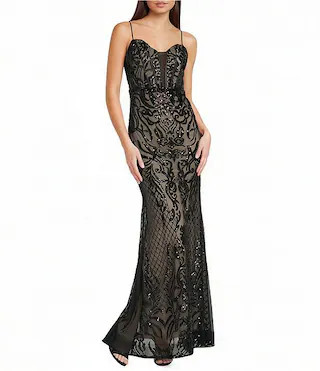 Sequin Patterned Mesh Sweetheart Neck Godet Inset Dress | Dillard's