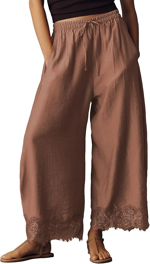 Womens Cropped Lace Hem Pants Flowy Wide Leg Casual Beach Trousers | Amazon (US)