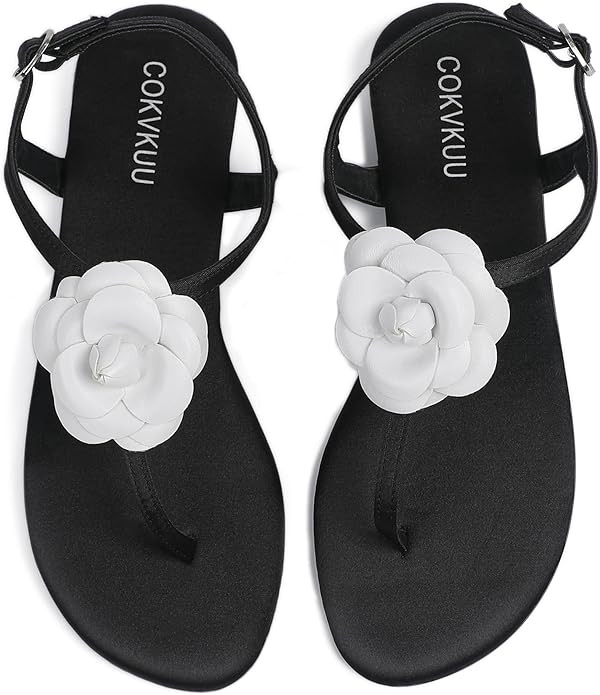 Women's Black Satin Floral Sandals with T-Strap, Herringbone Sole Fashionable and comfortable sat... | Amazon (US)