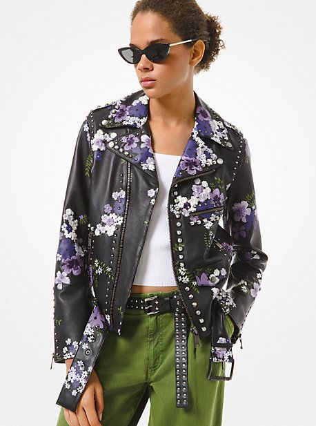 Floral Embroidered Leather Moto Jacket | Michael Kors US