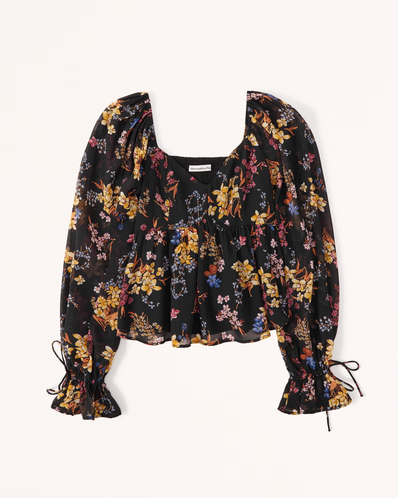 Women's Long-Sleeve Babydoll Puff Sleeve Top | Women's Tops | Abercrombie.com | Abercrombie & Fitch (US)