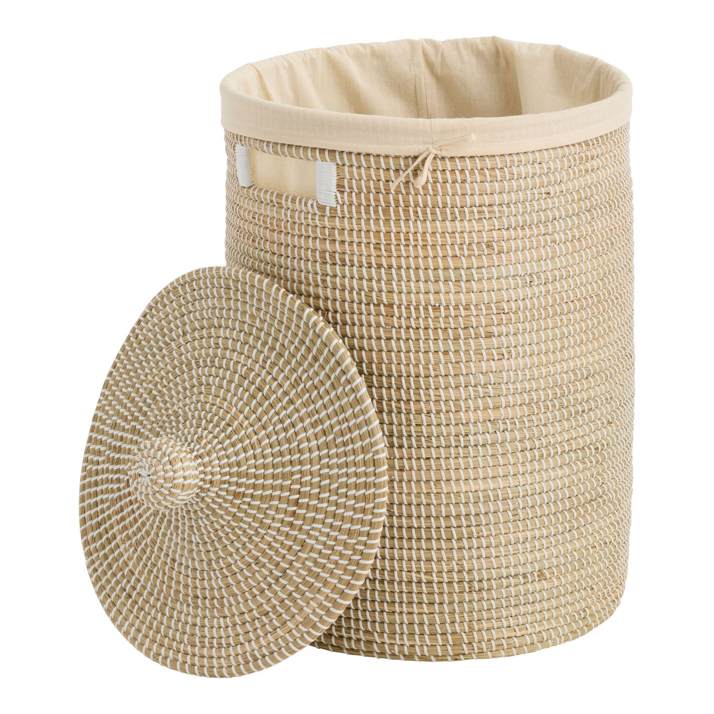 Adira Round White and Natural Seagrass Laundry Hamper with Liner | World Market