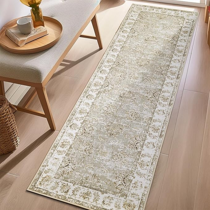 jinchan Runner Rug 2x6 Kitchen Washable Rug Low Pile Vintage Rug Hallway Rug Taupe Floral Print N... | Amazon (US)