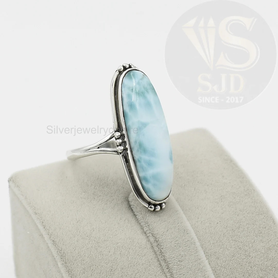 Larimar Ring, 925 Sterling Silver, Long Oval Ring, Silver Ring, Boho Ring, Women Ring, Big Stone ... | Etsy (US)
