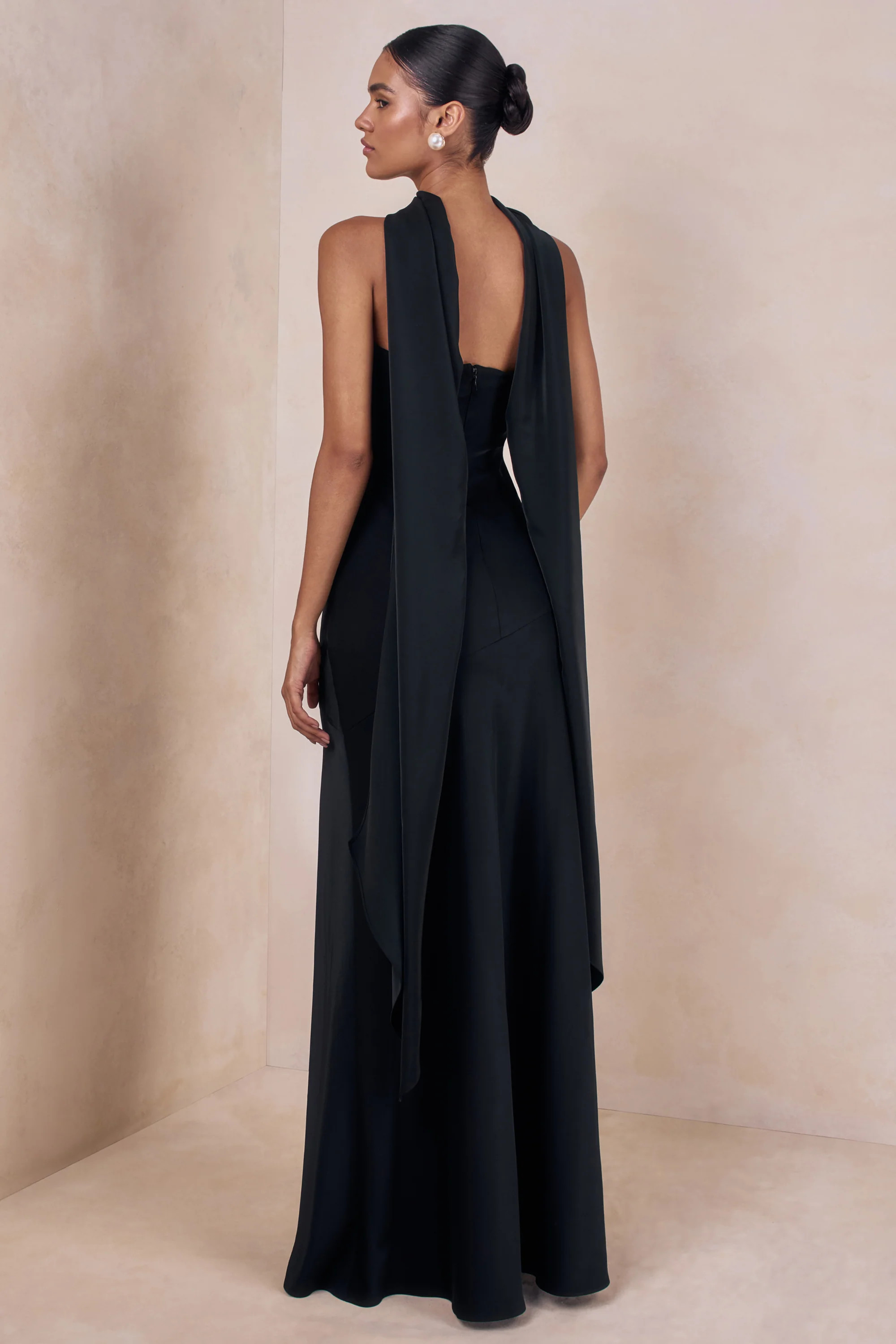 Charly | Black Matte Satin Bandeau Maxi Dress With Scarf-Detail | Club L London