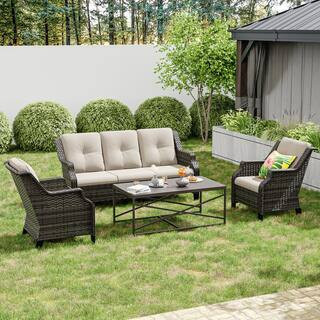 4-Piece Wicker Outdoor Patio Conversation Set Sectional Couch with Brown Steel Table and Beige Cushions | The Home Depot