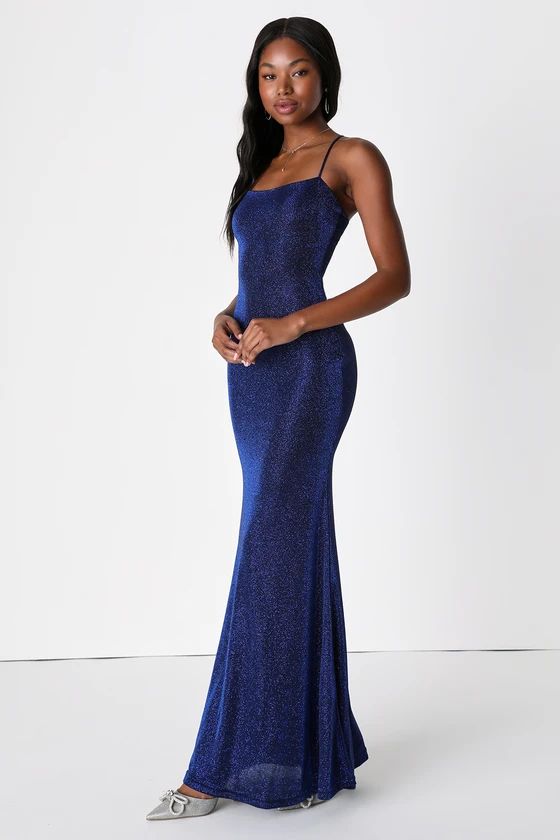 Captivating Sensation Blue Sparkly Scoop Neck Lace-Up Maxi Dress | Lulus (US)