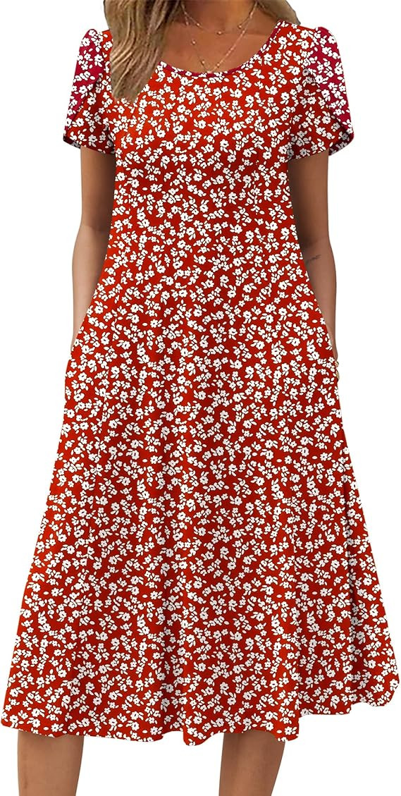 ZEAGOO Womens Casual Dresses for Summer Short Sleeve Flare Midi Dress Loose Flowy Beach Sundress | Amazon (US)