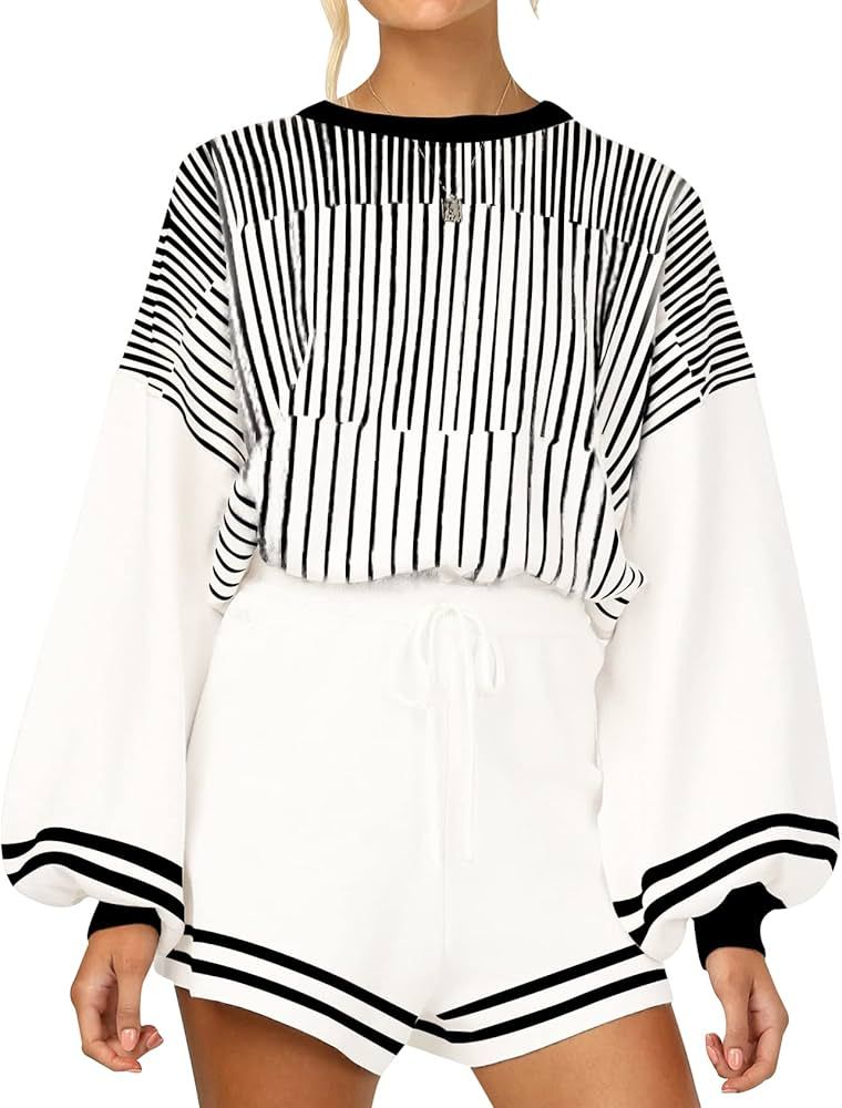 Gihuo Women' s Striped 2 Piece Outfits Crewneck Knit Pullover Sweater Shorts Set Wide Leg Matchin... | Amazon (US)