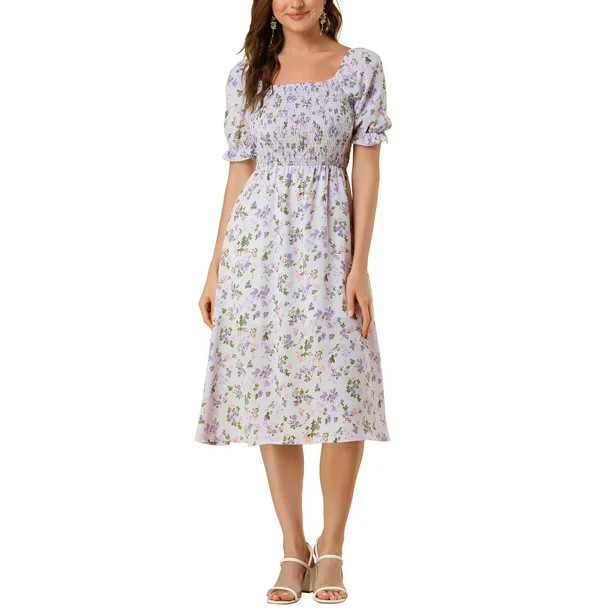 Allegra K Women's Square Neck Puff Sleeves Casual Midi Smocked Floral Dresses - Walmart.com | Walmart (US)