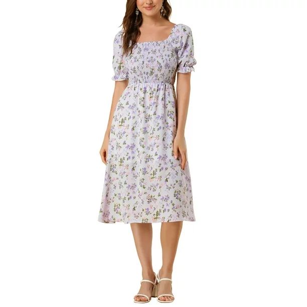 Allegra K Women's Square Neck Puff Sleeves Casual Midi Smocked Floral Dresses - Walmart.com | Walmart (US)