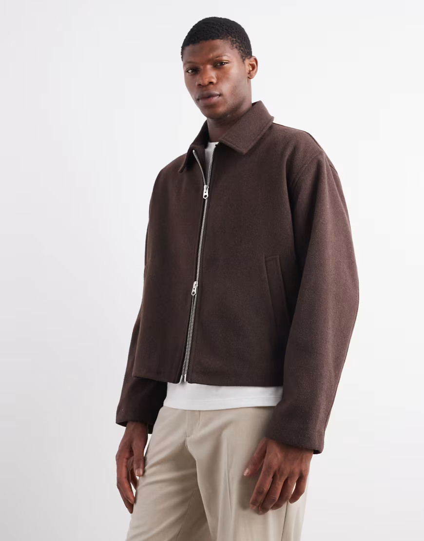ASOS DESIGN harrington wool look jacket in brown | ASOS (Global)