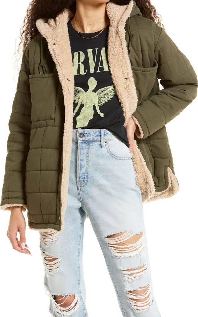 Quilted Cotton & Faux Shearling Hooded Reversible Jacket | Nordstrom