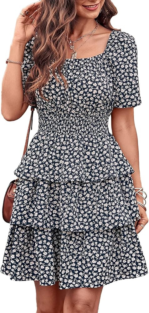 PRETTYGARDEN Women's 2025 Floral Summer Short Dress Square Neck Short Sleeve Tiered Ruffle Boho S... | Amazon (US)