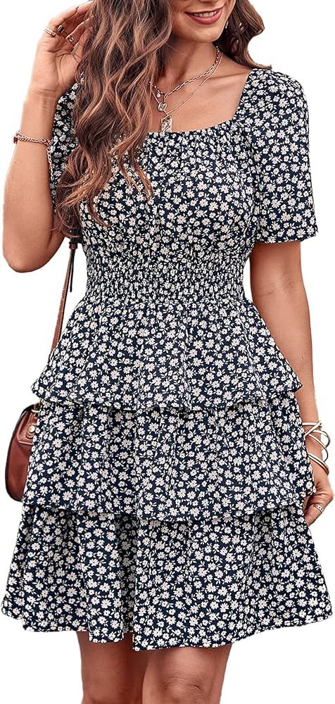 PRETTYGARDEN Women's 2024 Floral Summer Short Dress Square Neck Short Sleeve Tiered Ruffle Boho S... | Amazon (US)