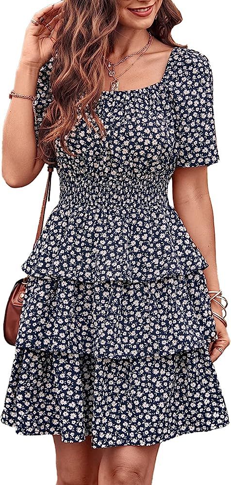 PRETTYGARDEN Women's 2023 Floral Summer Short Dress Square Neck Short Sleeve Tiered Ruffle Boho S... | Amazon (US)