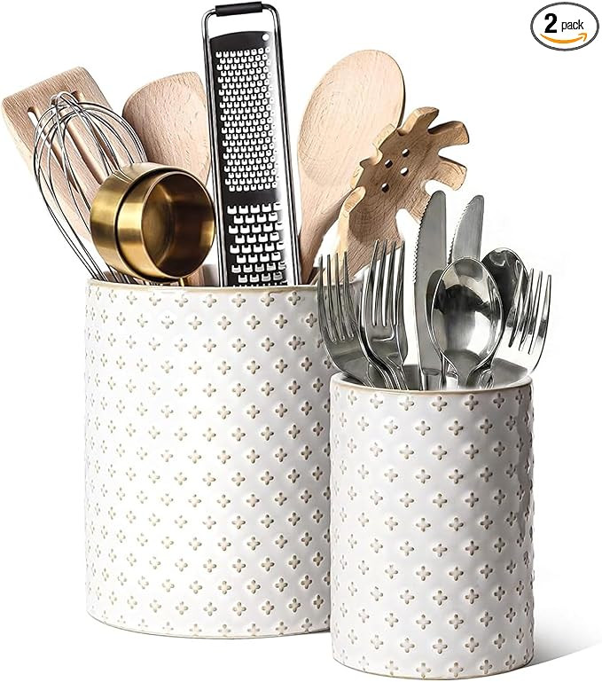 LE TAUCI Utensil Holder, 7.1"+5.4" Ceramic Kitchen Utensil Holder for Countertop - Embossed Utens... | Amazon (US)